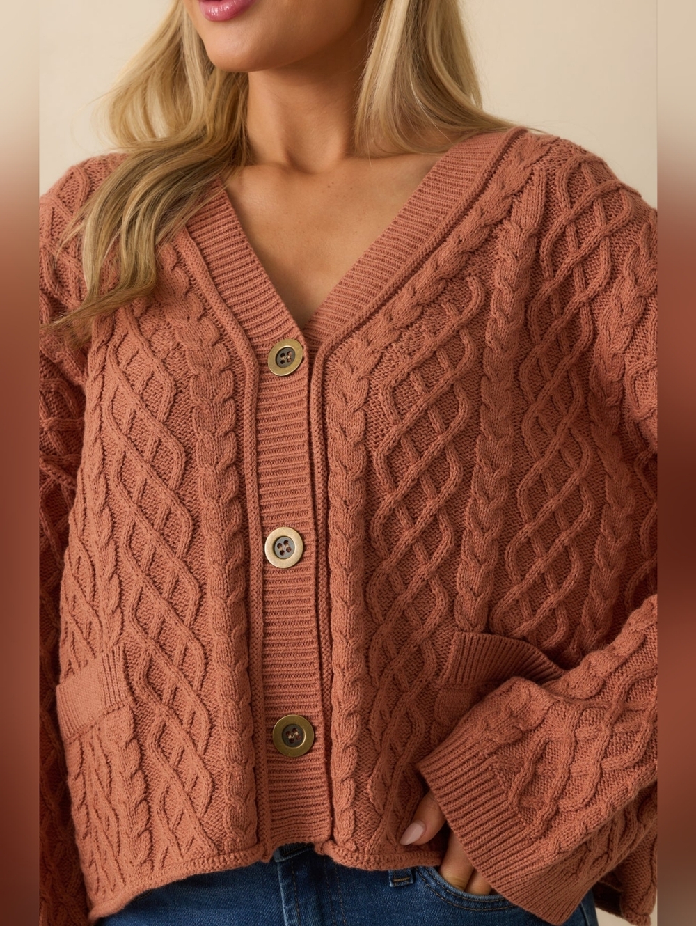 Red Dress Boutique Cable Knit Button-Front Sweater Cardigan - Rust - Picture 3 of 5